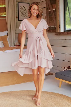 Selina Blush Cross Over Tie Waist Evening Dress