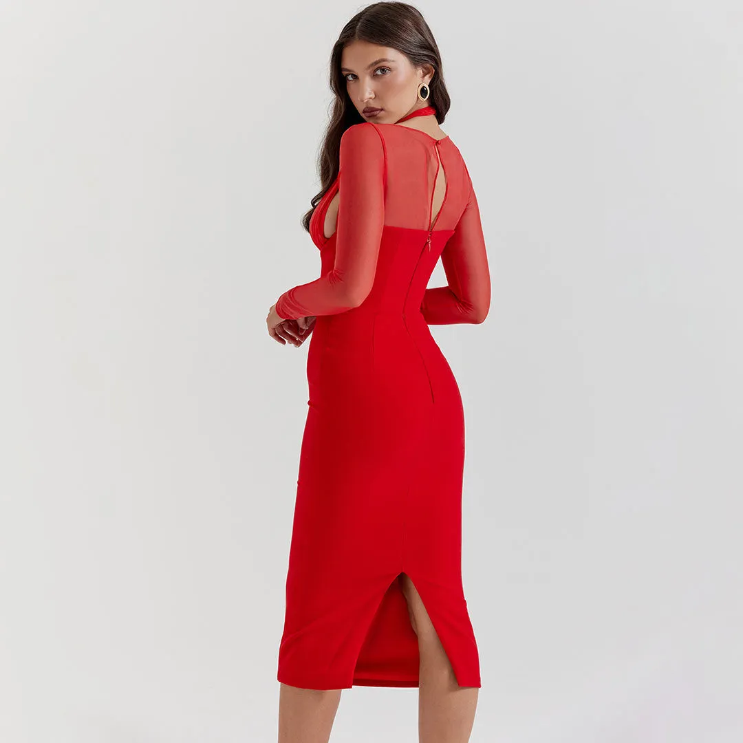 Sexy Halter V Neck Sheer Sleeve Mesh Panel Corset Cocktail Midi Dress - Red