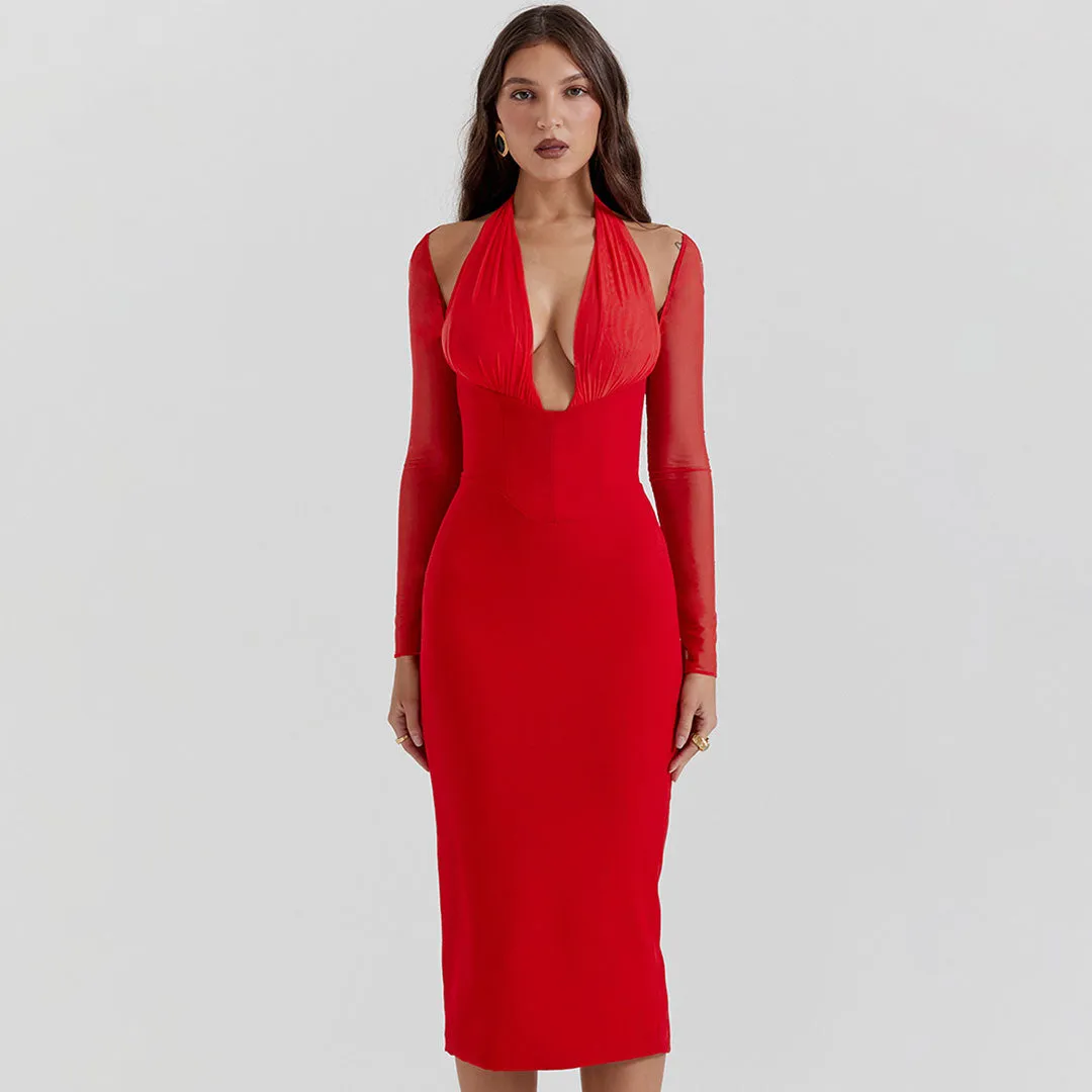 Sexy Halter V Neck Sheer Sleeve Mesh Panel Corset Cocktail Midi Dress - Red