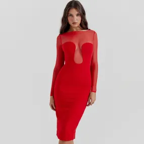 Sexy Sheer Plunge Mesh Long Sleeve Fitted Midi Cocktail Dress - Red