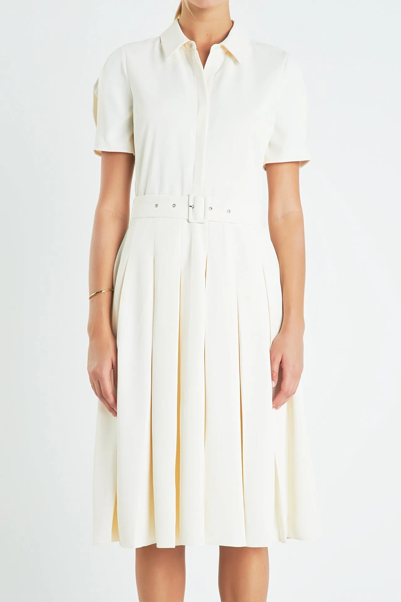 Short-Sleeve Pleated Midi Dress