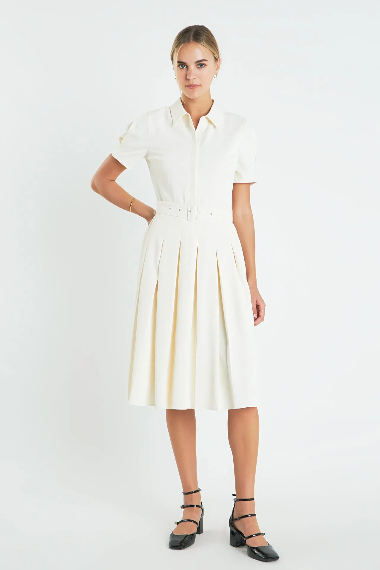 Short-Sleeve Pleated Midi Dress