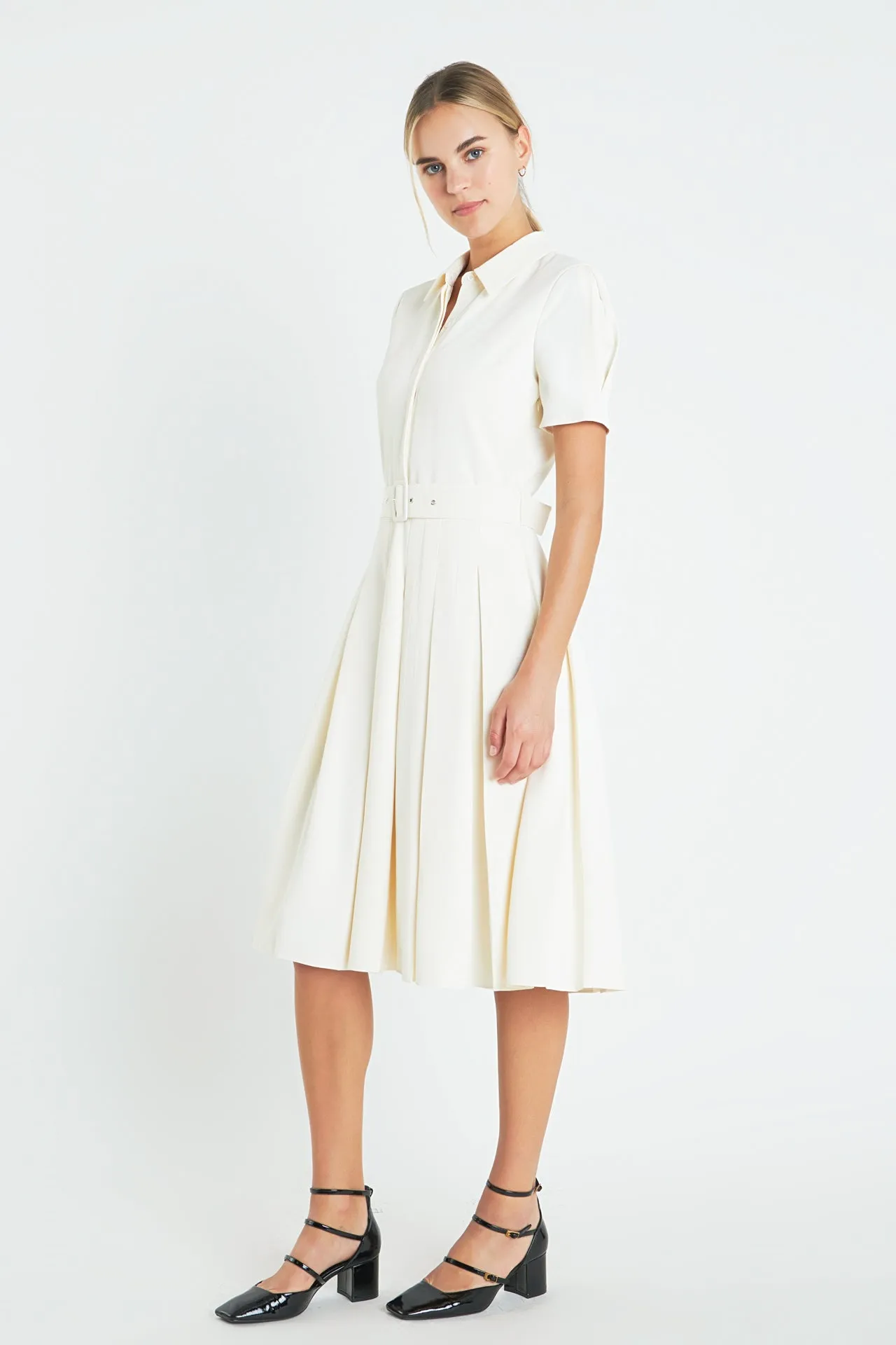 Short-Sleeve Pleated Midi Dress