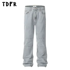 Simple Spliced Straight Jeans - Washed Distressed Streetwear Loose Denim Pants