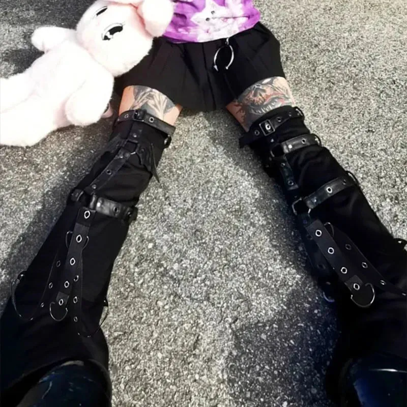 Sohiwoo Dark Gothic Eyelet Strap Punk Buckle Leg Warmers Black Hot Leg Gothic Warmer Y2K Women Rock Harajuku Long Cable High Boots Socks