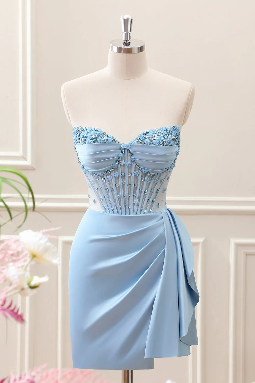 Sparkly Blue Bodycon Sweetheart Corset Mini Dress with Beading