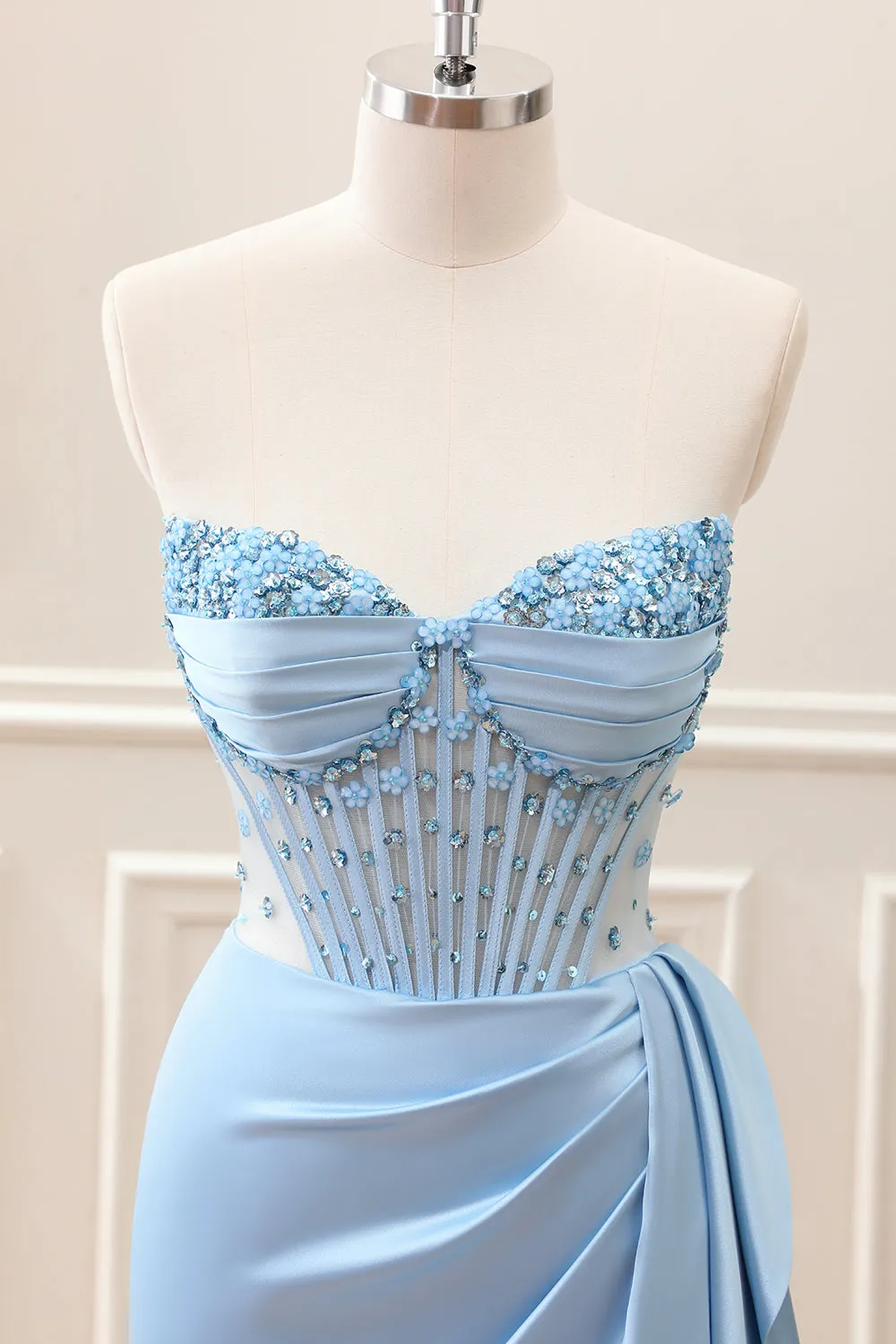 Sparkly Blue Bodycon Sweetheart Corset Mini Dress with Beading