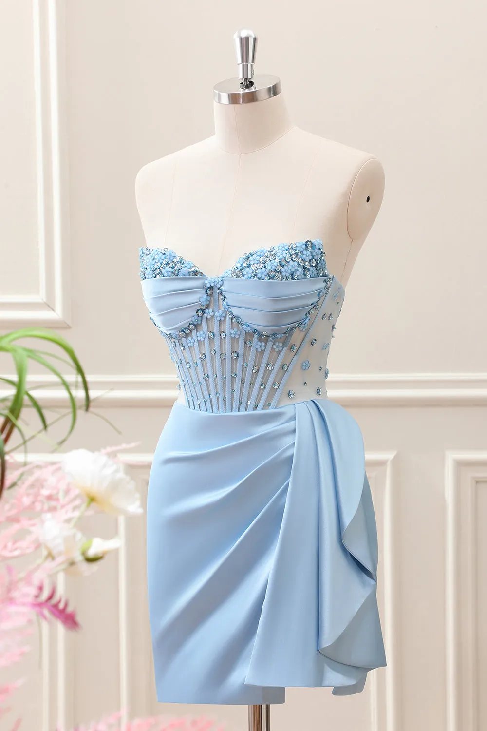 Sparkly Blue Bodycon Sweetheart Corset Mini Dress with Beading