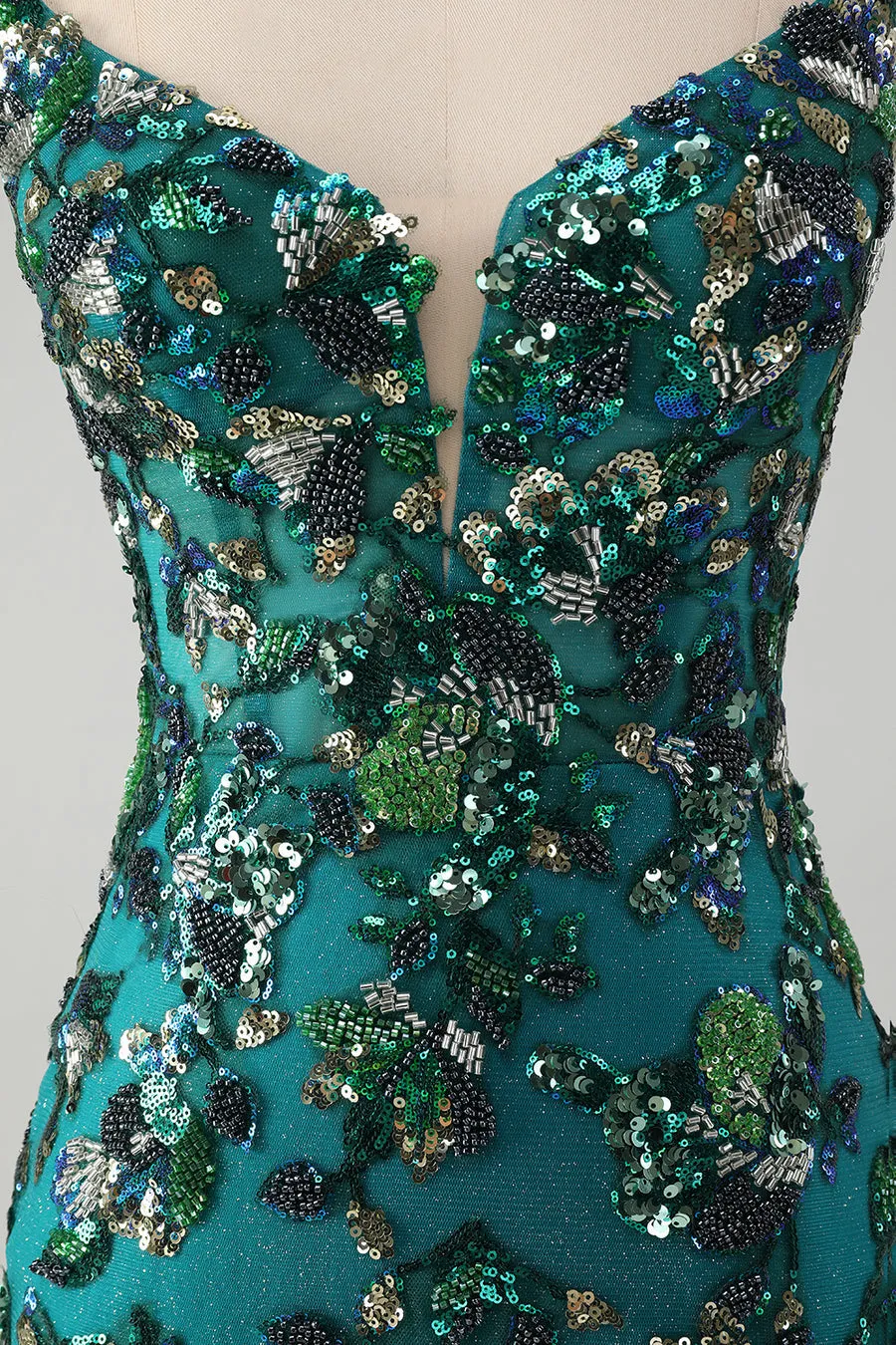 Sparkly Dark Green Beaded Sequins Bodycon Mini Dress with Lace-up Back