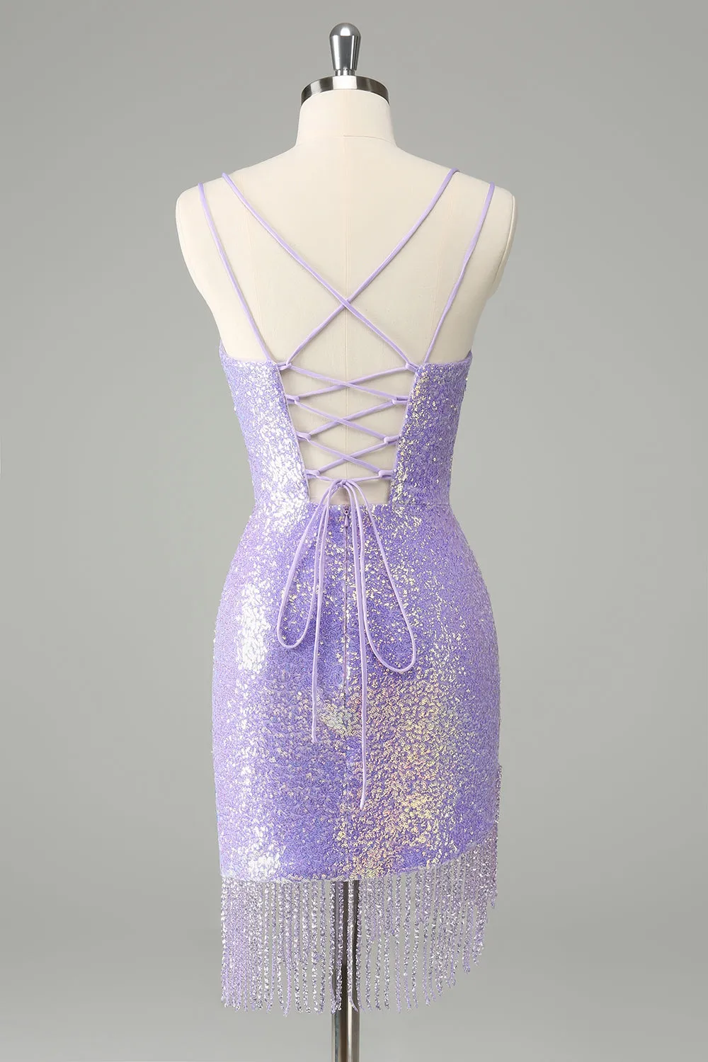 Sparkly Lilac Bodycon Sequins Mini Dress with Tassels