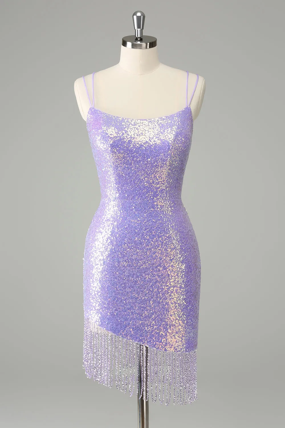 Sparkly Lilac Bodycon Sequins Mini Dress with Tassels