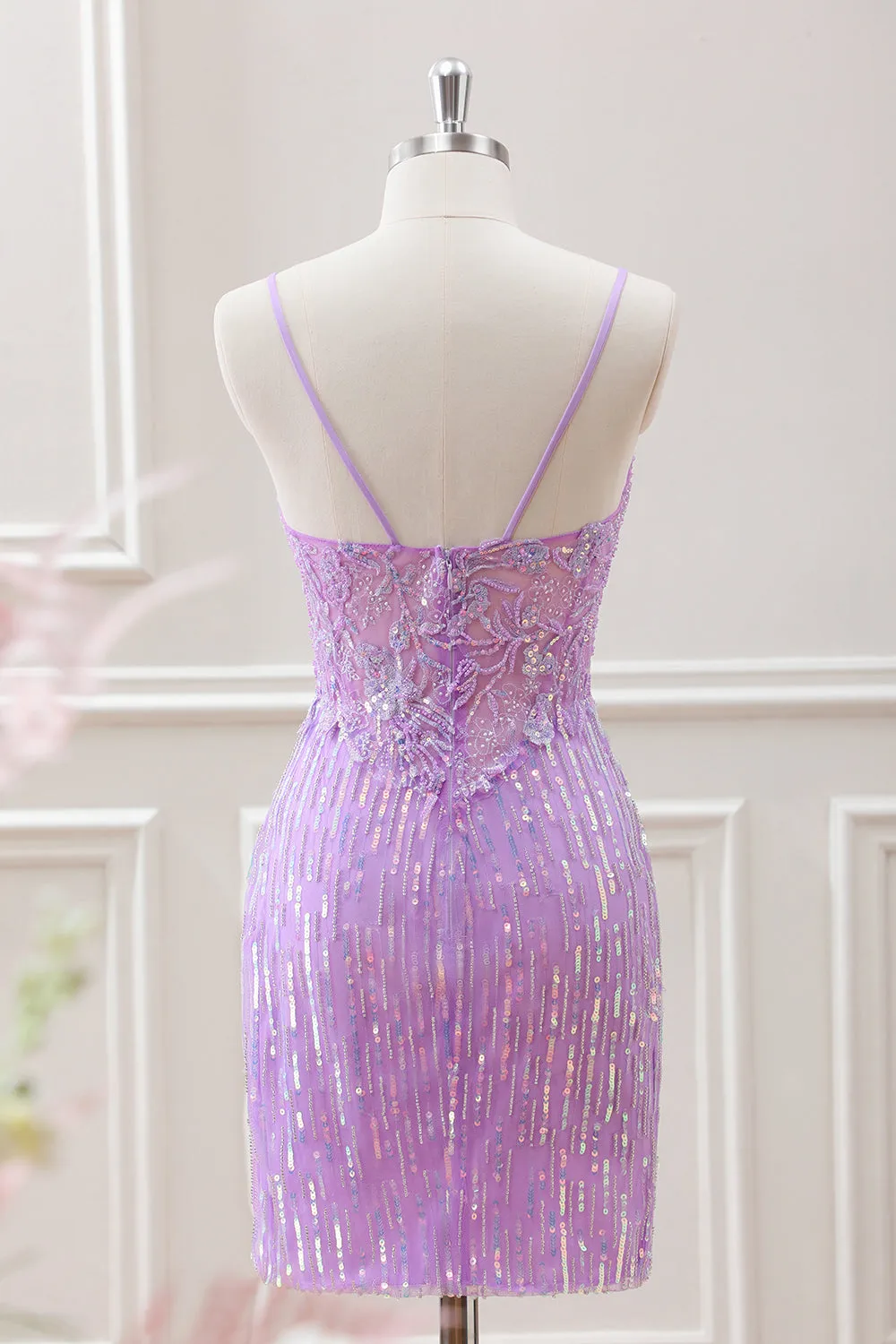 Sparkly Lilac Sequins Beaded Bodycon Mini Dress with Appliques