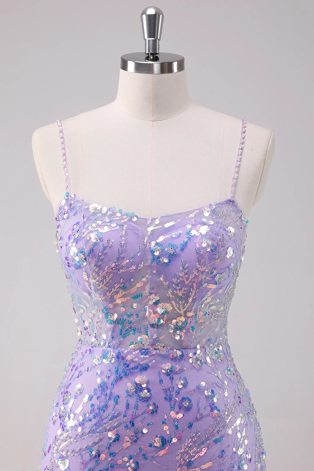 Sparkly Purple Bodycon Spaghetti Straps Sequins Mini Dress