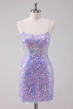 Sparkly Purple Bodycon Spaghetti Straps Sequins Mini Dress