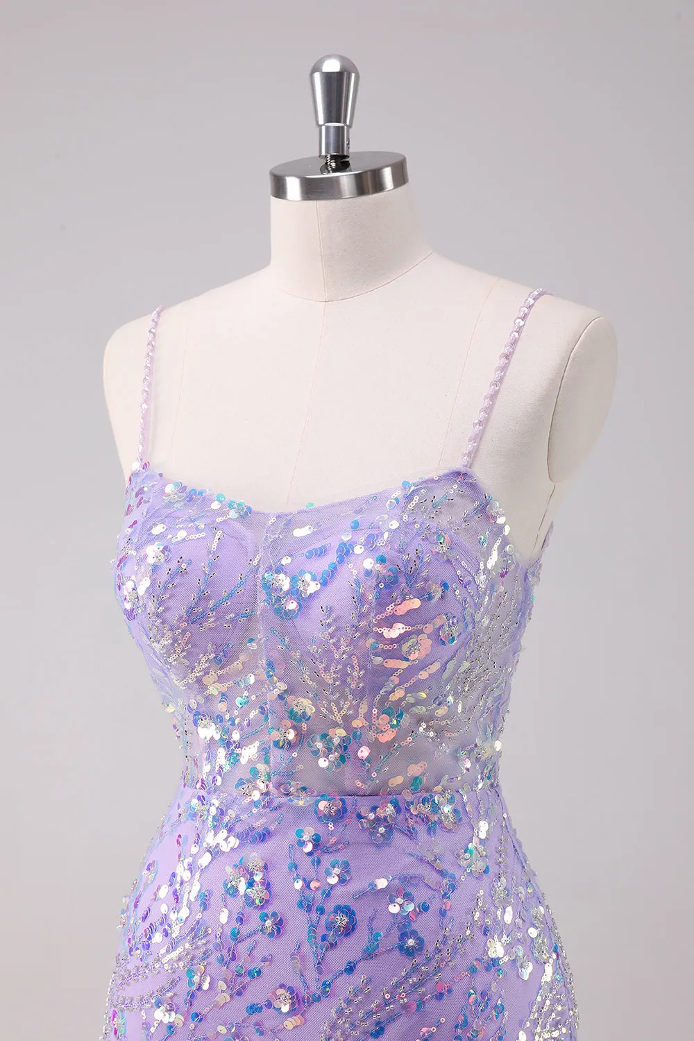 Sparkly Purple Bodycon Spaghetti Straps Sequins Mini Dress