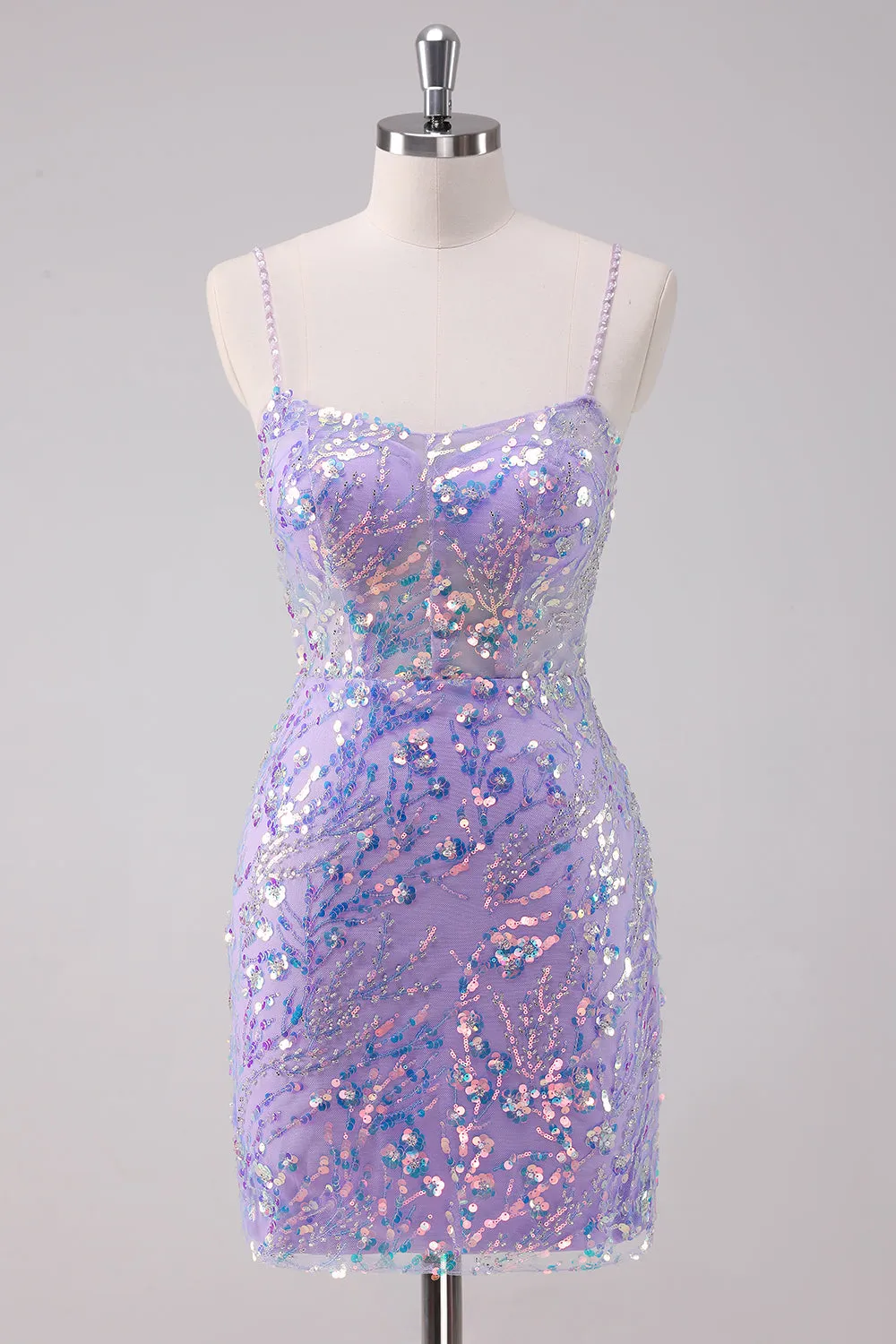 Sparkly Purple Bodycon Spaghetti Straps Sequins Mini Dress