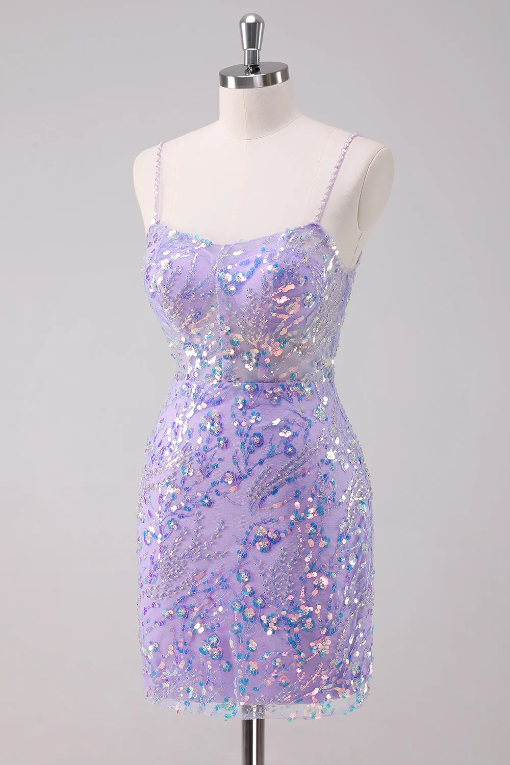 Sparkly Purple Bodycon Spaghetti Straps Sequins Mini Dress