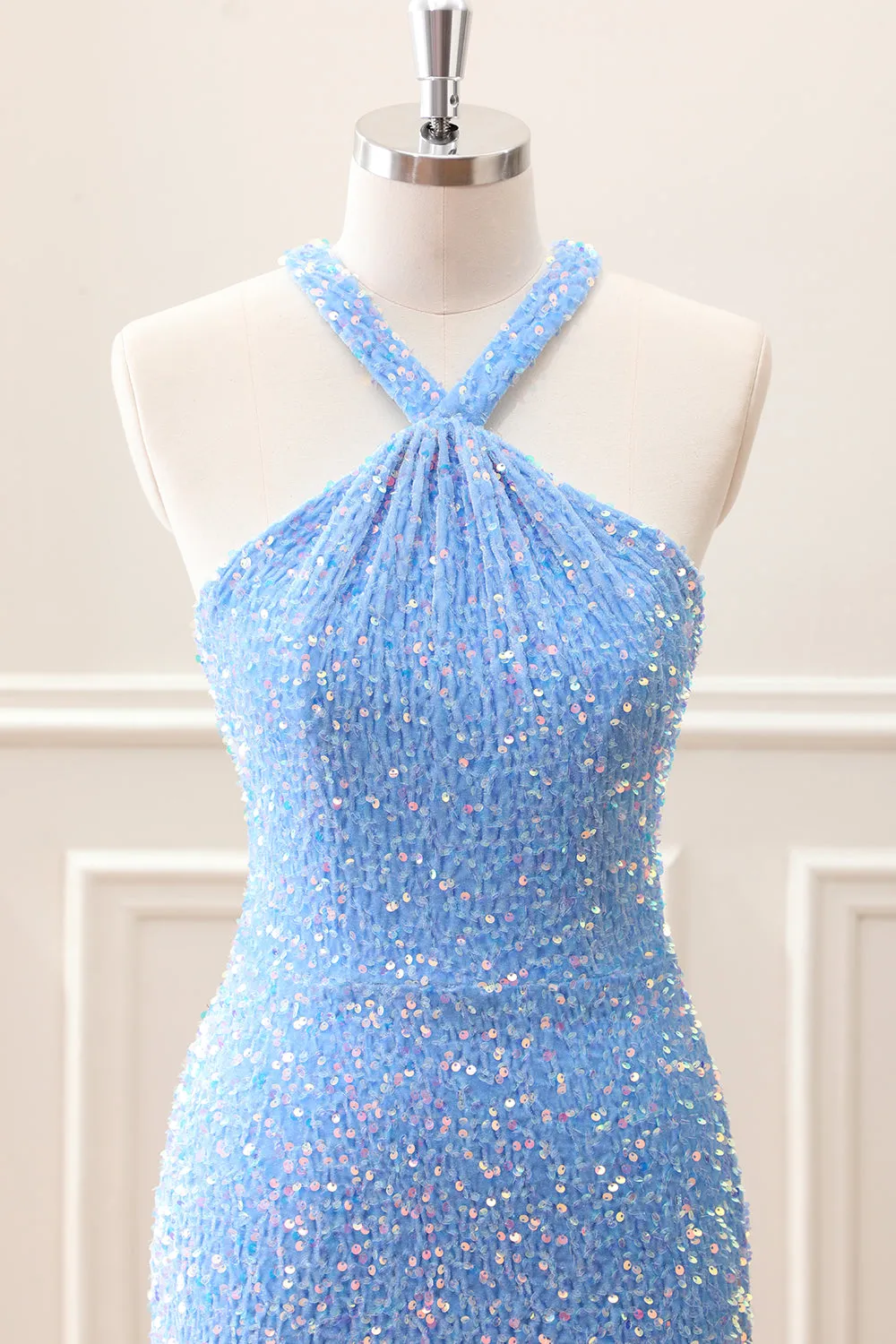 Sparkly Royal Blue Bodycon Halter Sequin Mini Dress with Tassel