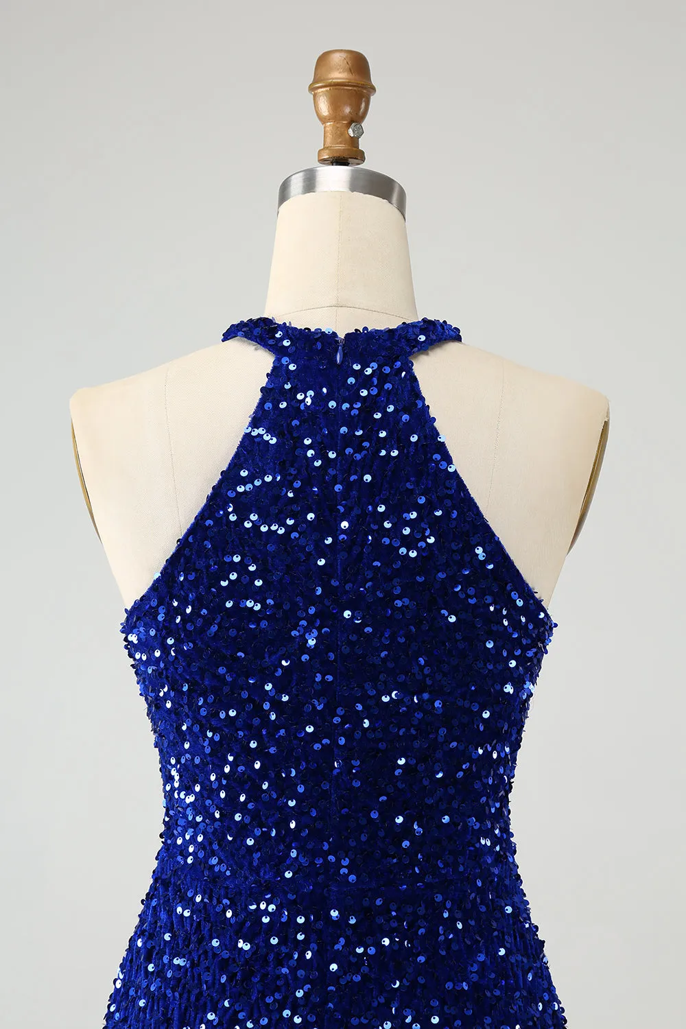 Sparkly Royal Blue Bodycon Halter Sequin Mini Dress with Tassel