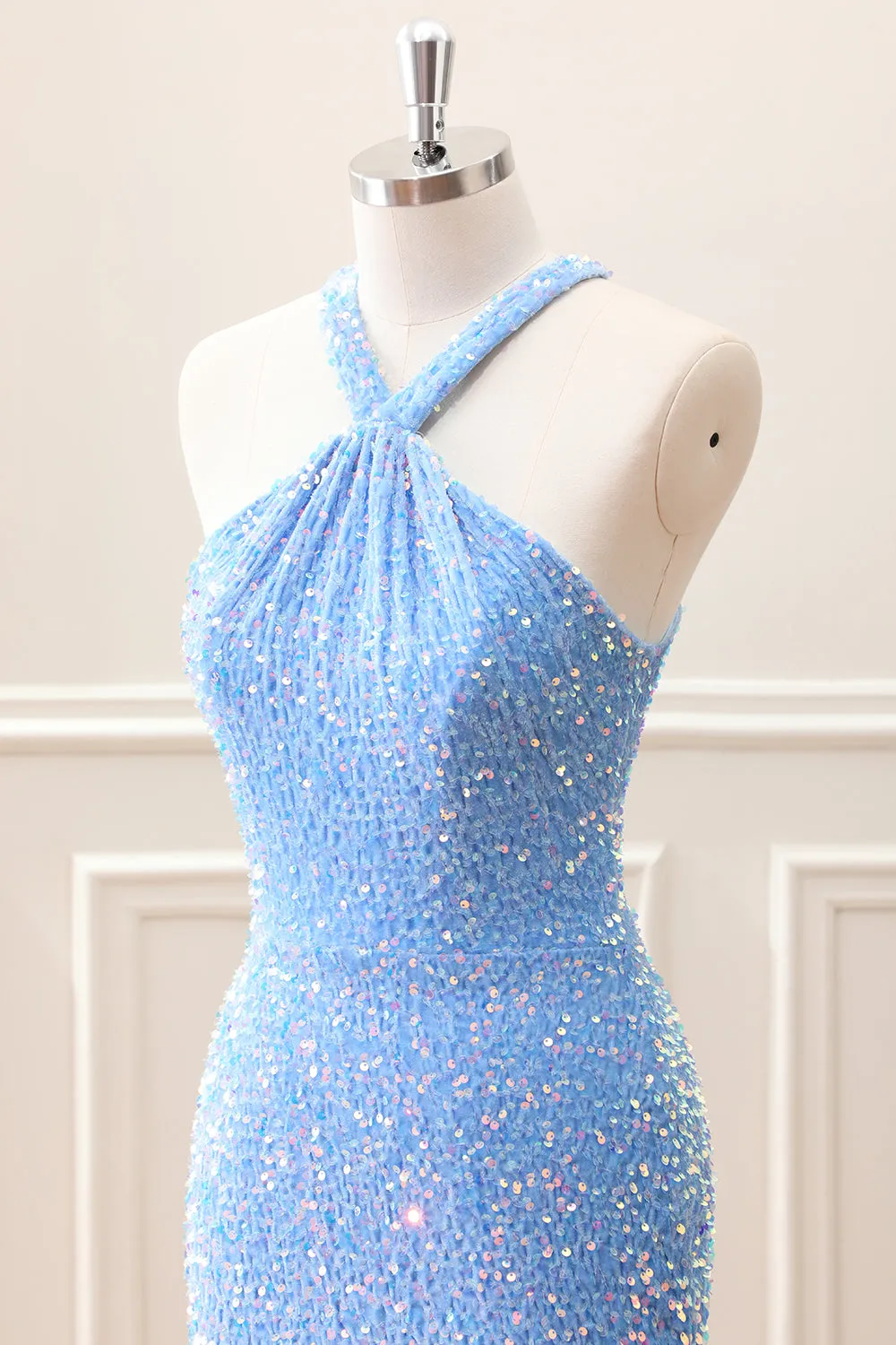 Sparkly Royal Blue Bodycon Halter Sequin Mini Dress with Tassel