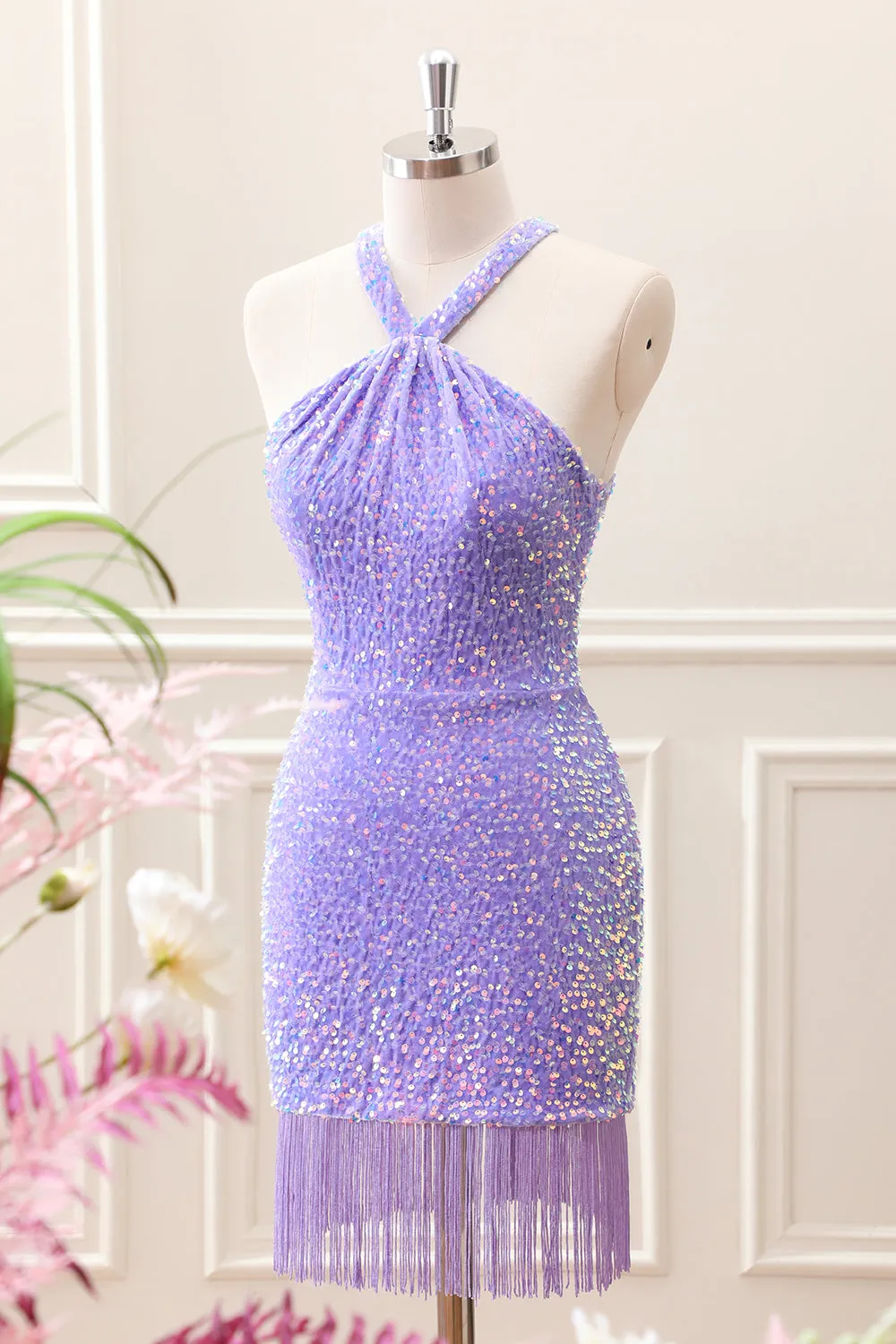 Sparkly Royal Blue Bodycon Halter Sequin Mini Dress with Tassel