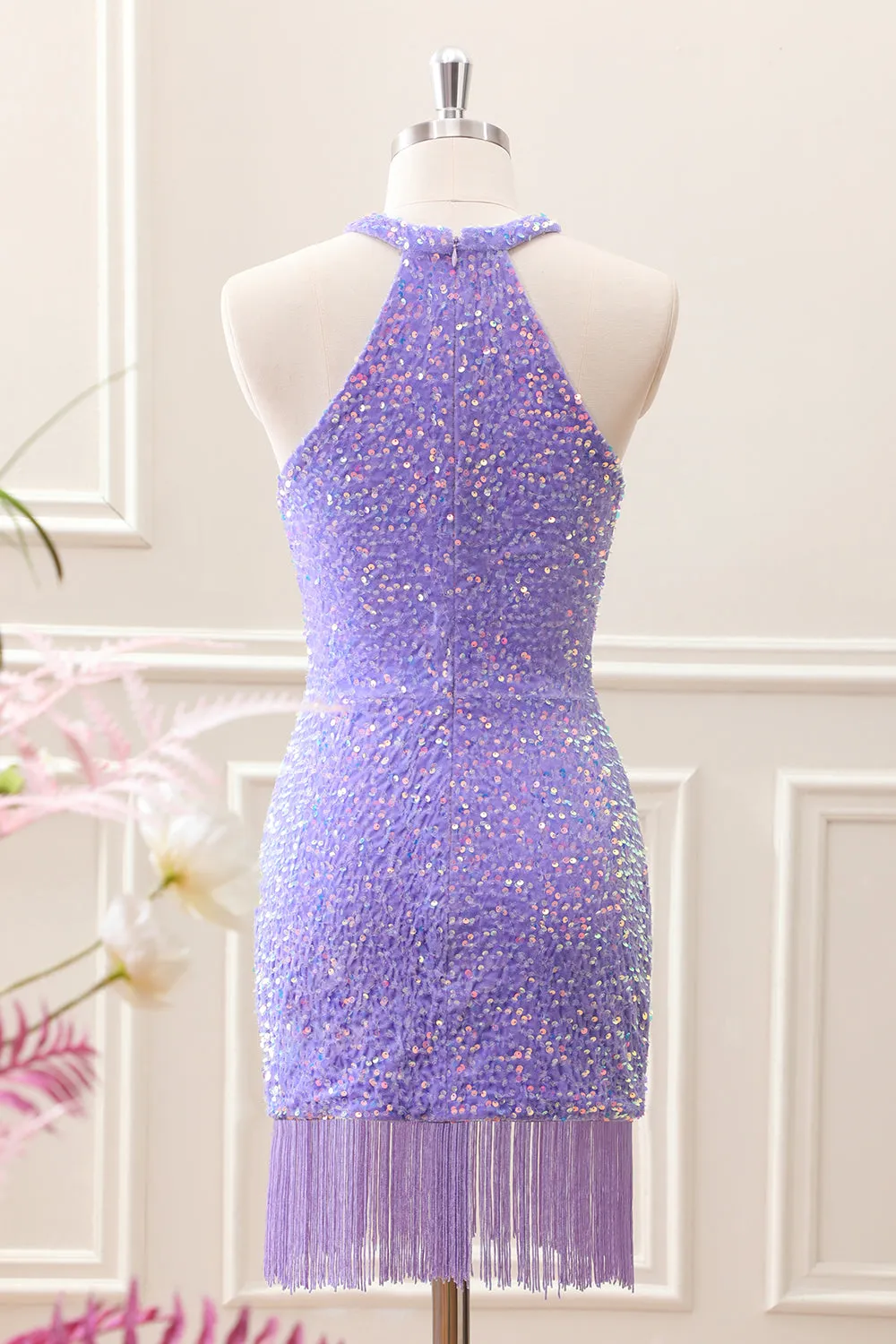 Sparkly Royal Blue Bodycon Halter Sequin Mini Dress with Tassel