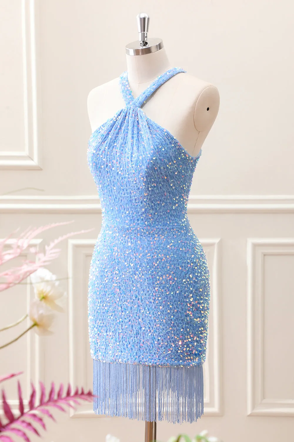 Sparkly Royal Blue Bodycon Halter Sequin Mini Dress with Tassel