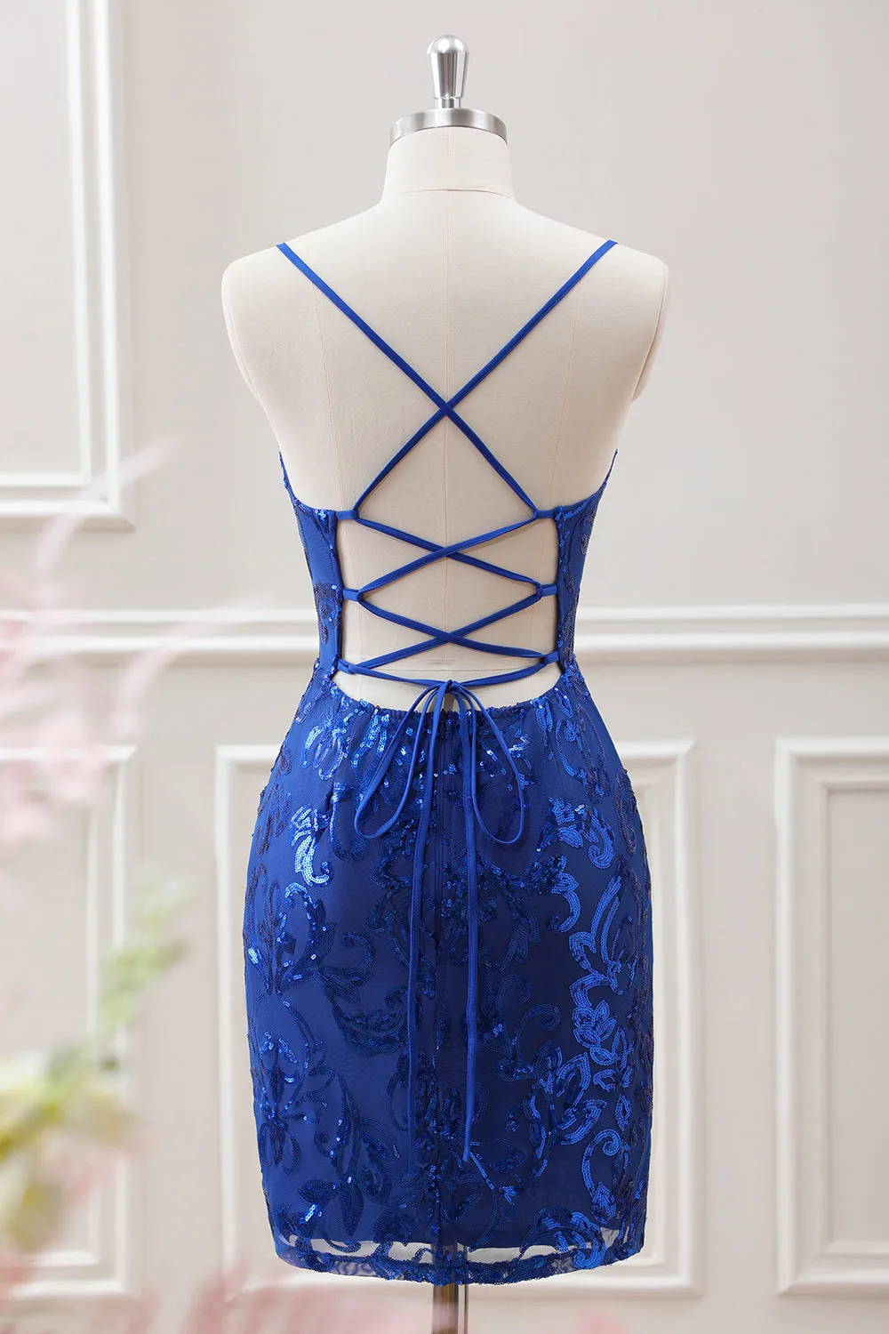 Sparkly Royal Blue Bodycon Square Neck Mini Dress with Lace up Back