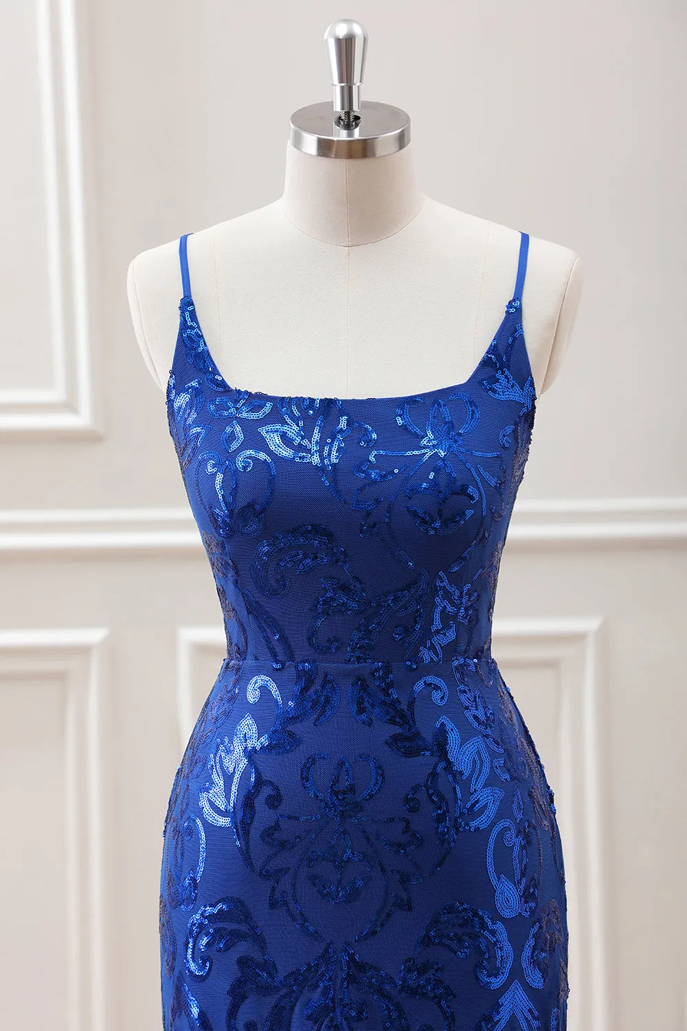 Sparkly Royal Blue Bodycon Square Neck Mini Dress with Lace up Back