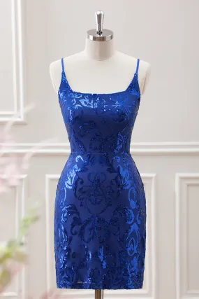 Sparkly Royal Blue Bodycon Square Neck Mini Dress with Lace up Back