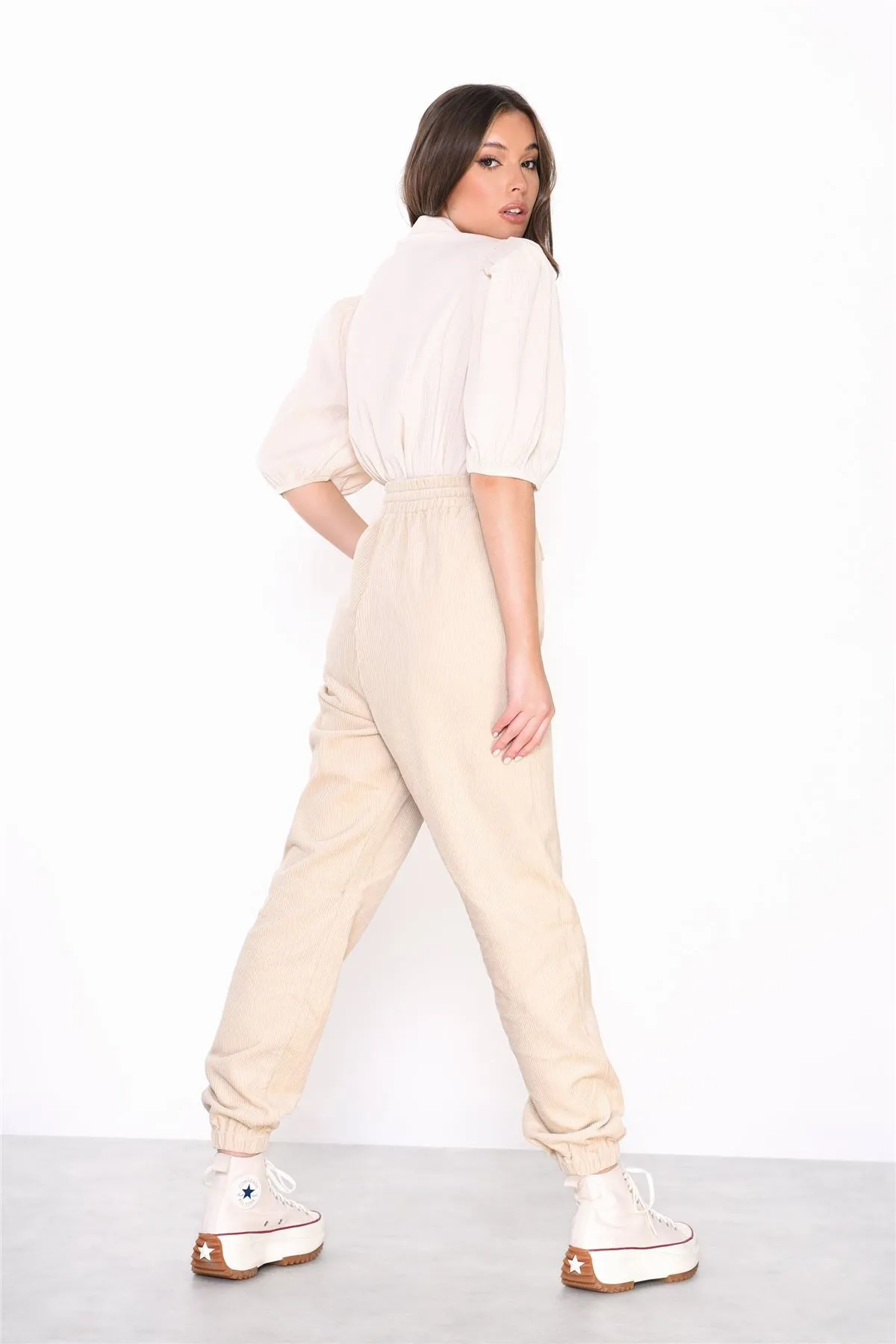 Stone Corduroy Cuffed High-Waist Joggers