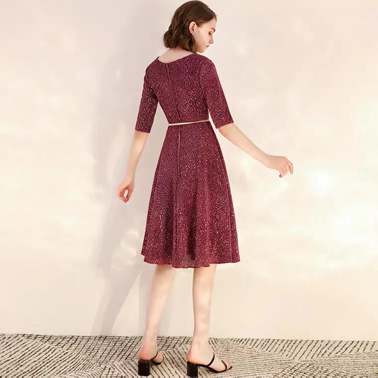 The Dianthe Short Sleeve Wine Red Sequined Dress