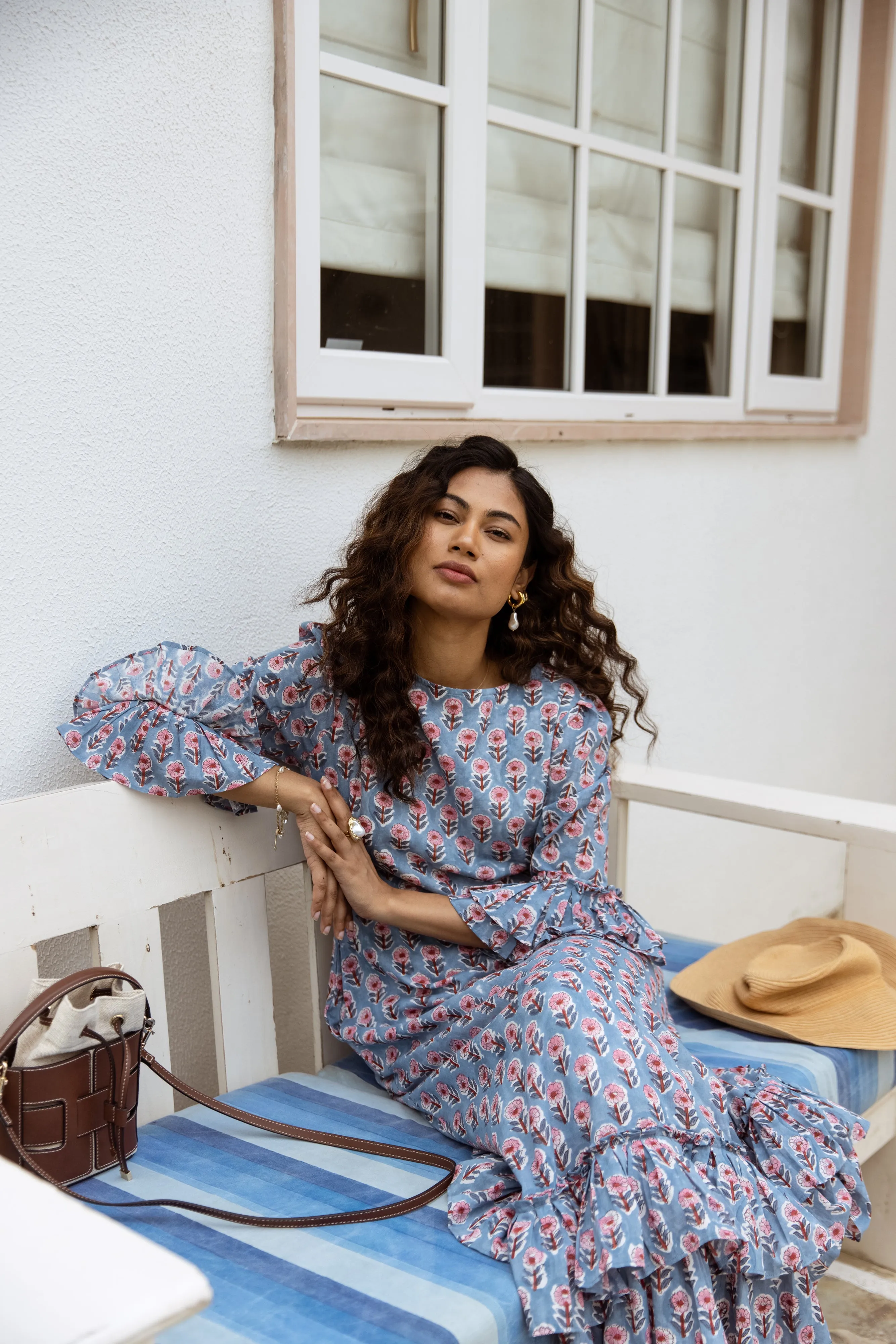 The Leela - Midi Cotton Block Print Dress -  Powder Blue