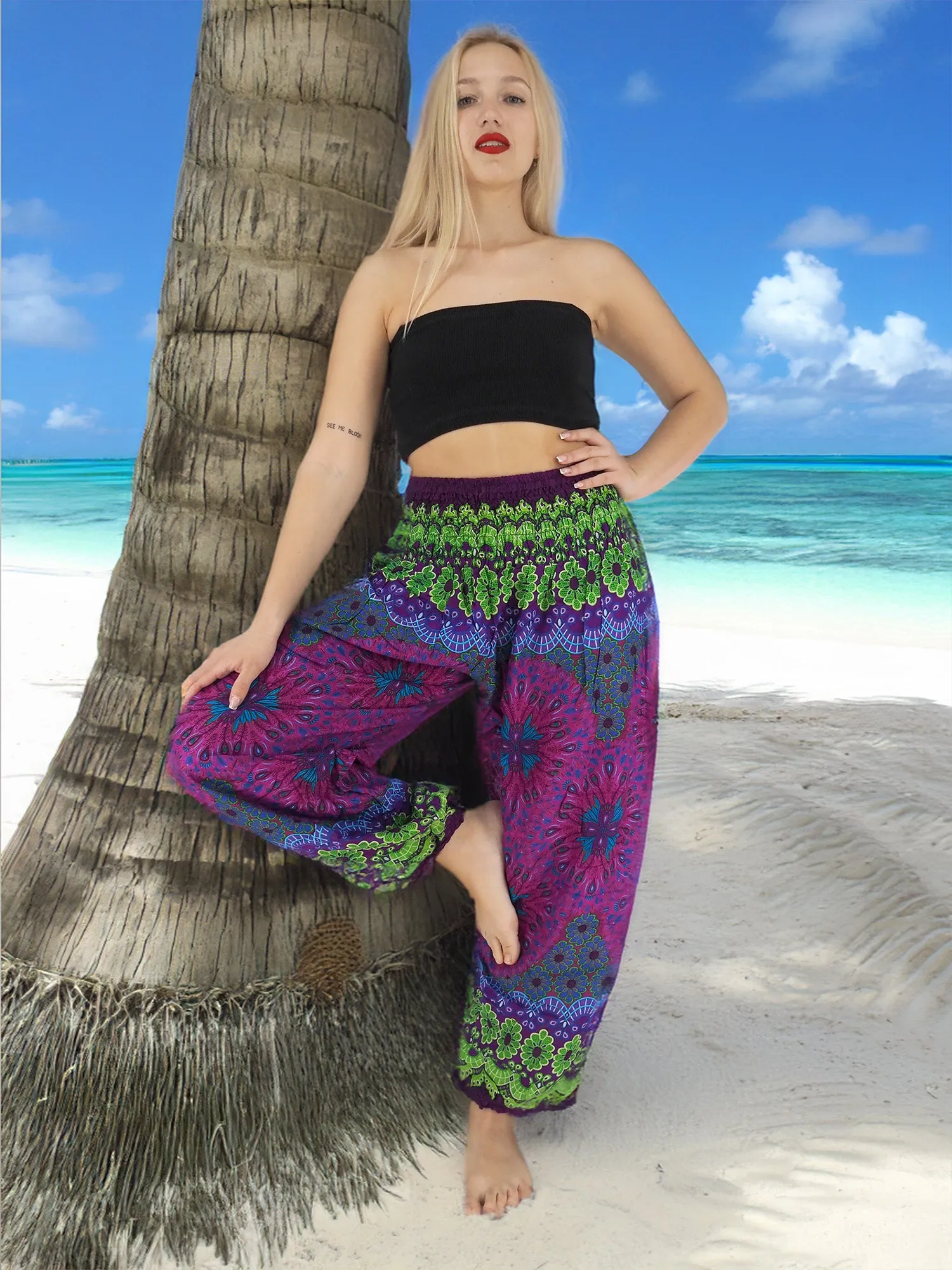 Unisex Harem Yoga Hippie Boho Pants in Purple With Green Print XL