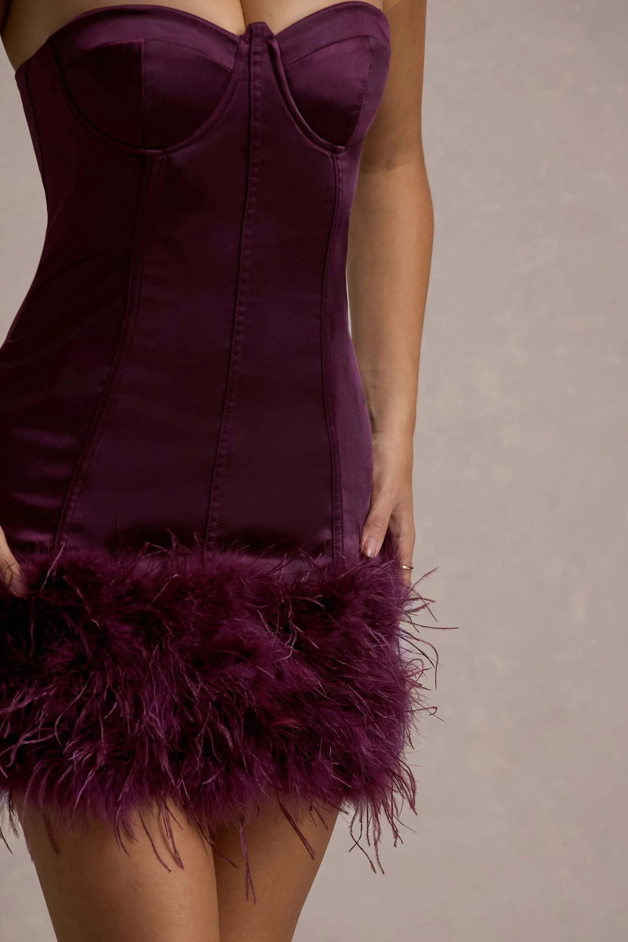 Vampira | Burgundy Satin Corset Feather Mini Dress