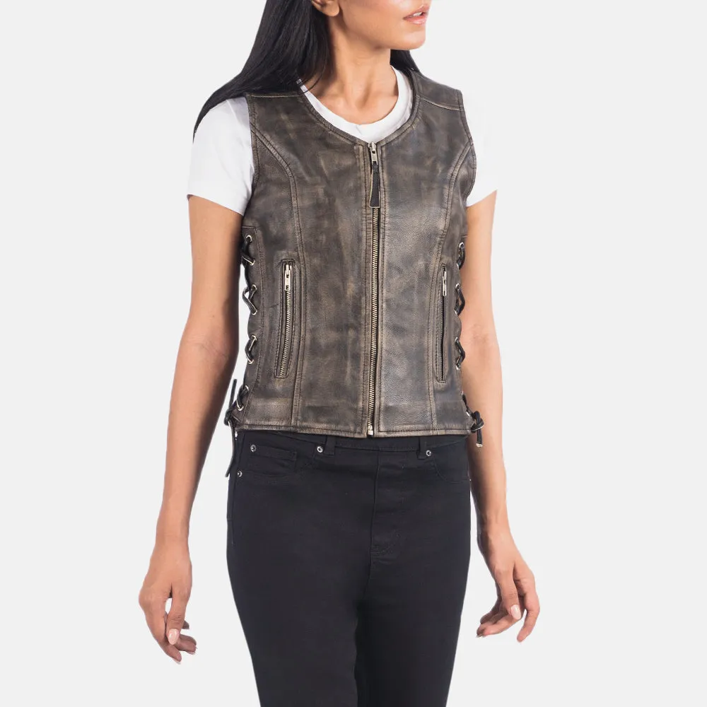 Vanda Distressed Brown Leather Biker Vest