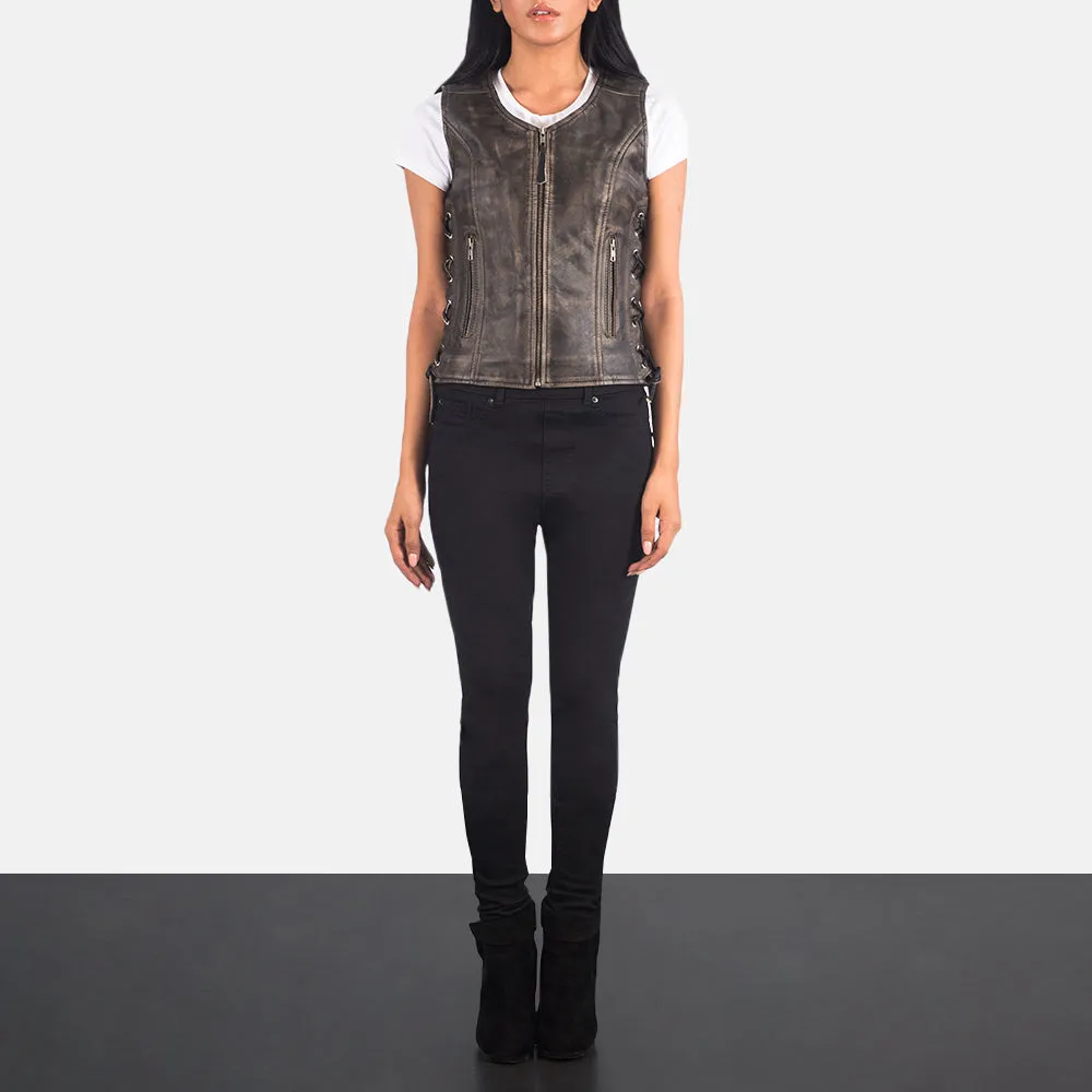 Vanda Distressed Brown Leather Biker Vest