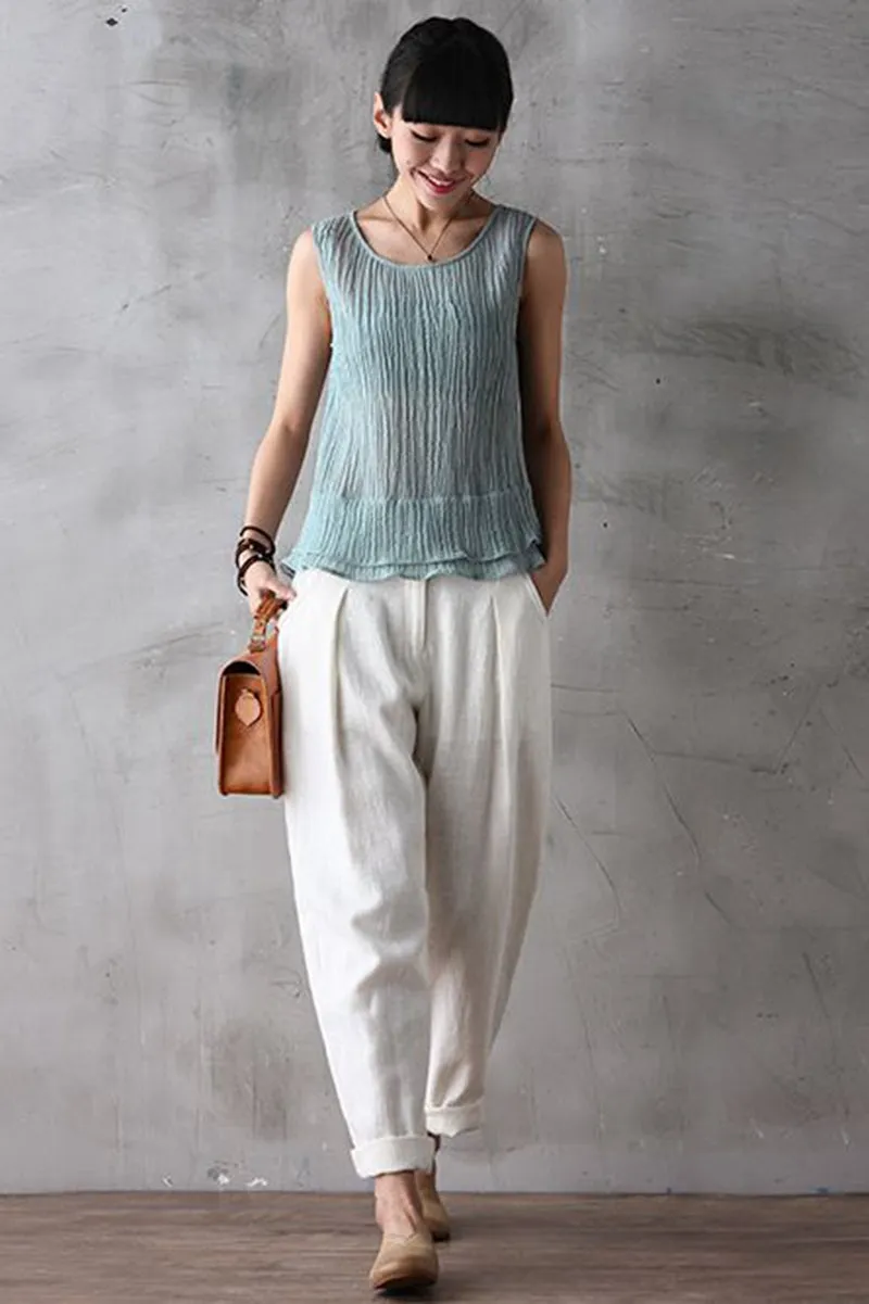 Women Long Cotton Linen Pencil Pants Loose Turnip Pants K7052