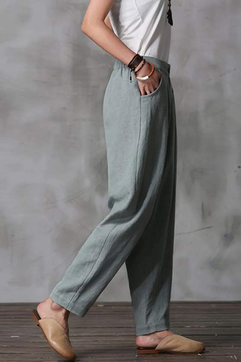 Women Long Cotton Linen Pencil Pants Loose Turnip Pants K7052