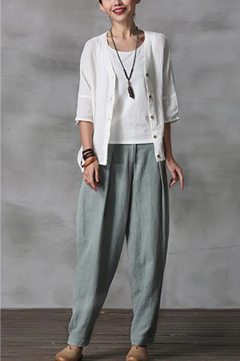 Women Long Cotton Linen Pencil Pants Loose Turnip Pants K7052