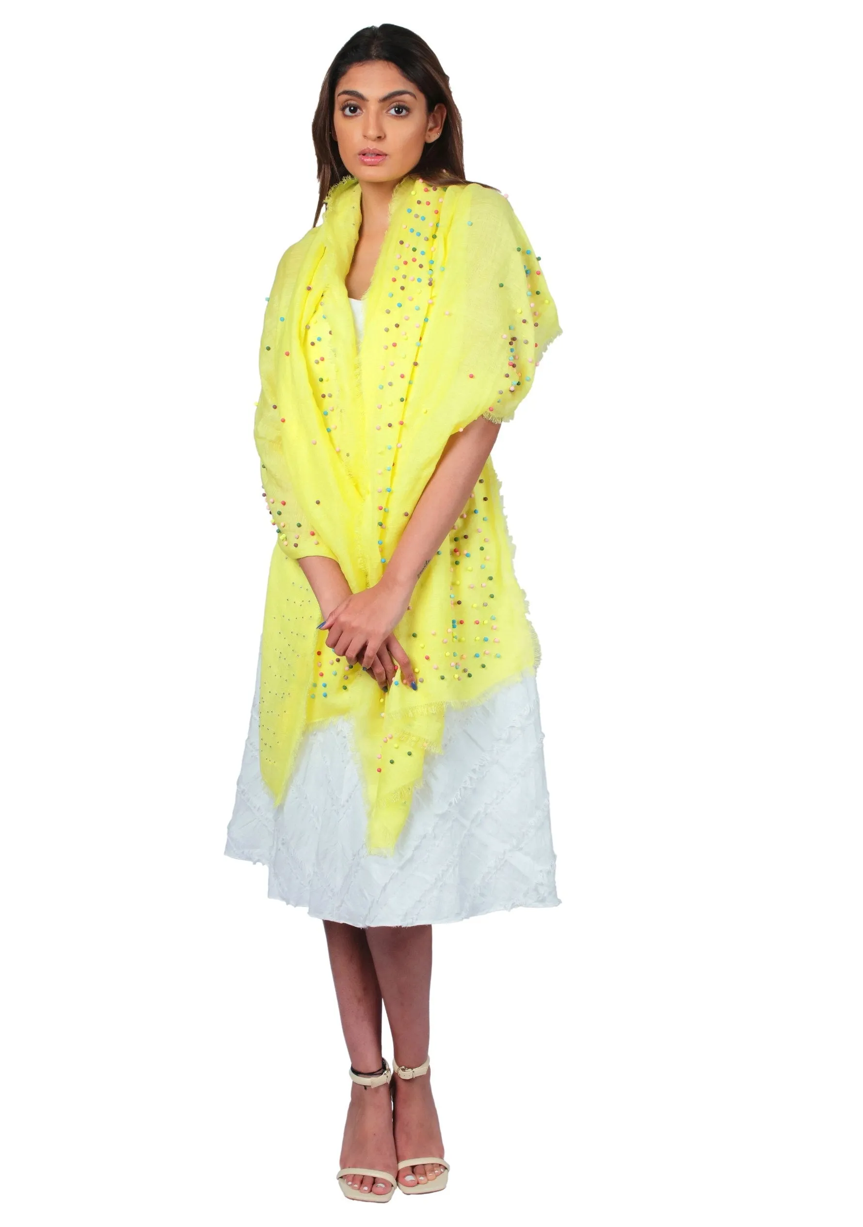 Yellow Linen and Modal Scarf with Multi-colored Rudraksha Pearls