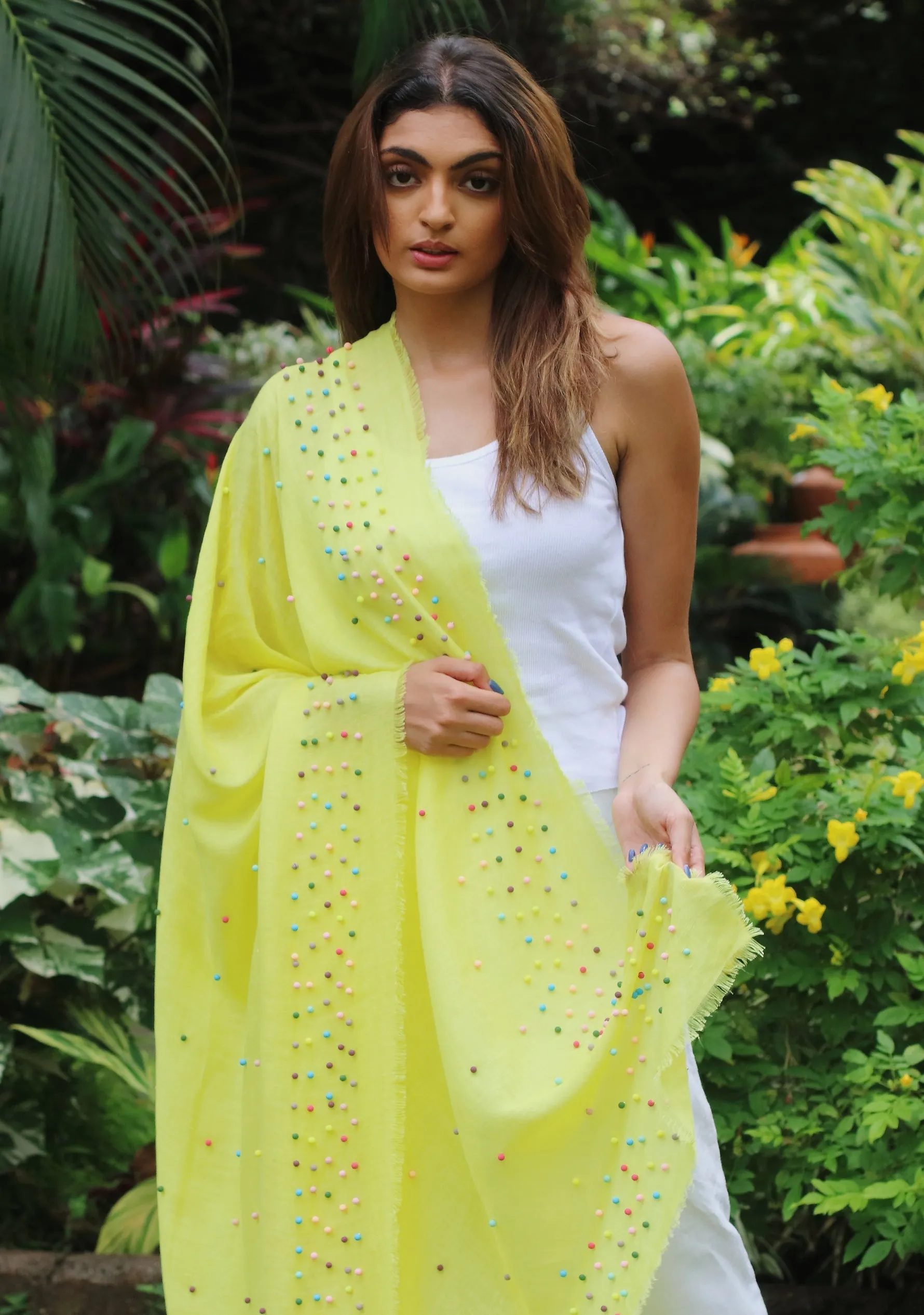 Yellow Linen and Modal Scarf with Multi-colored Rudraksha Pearls