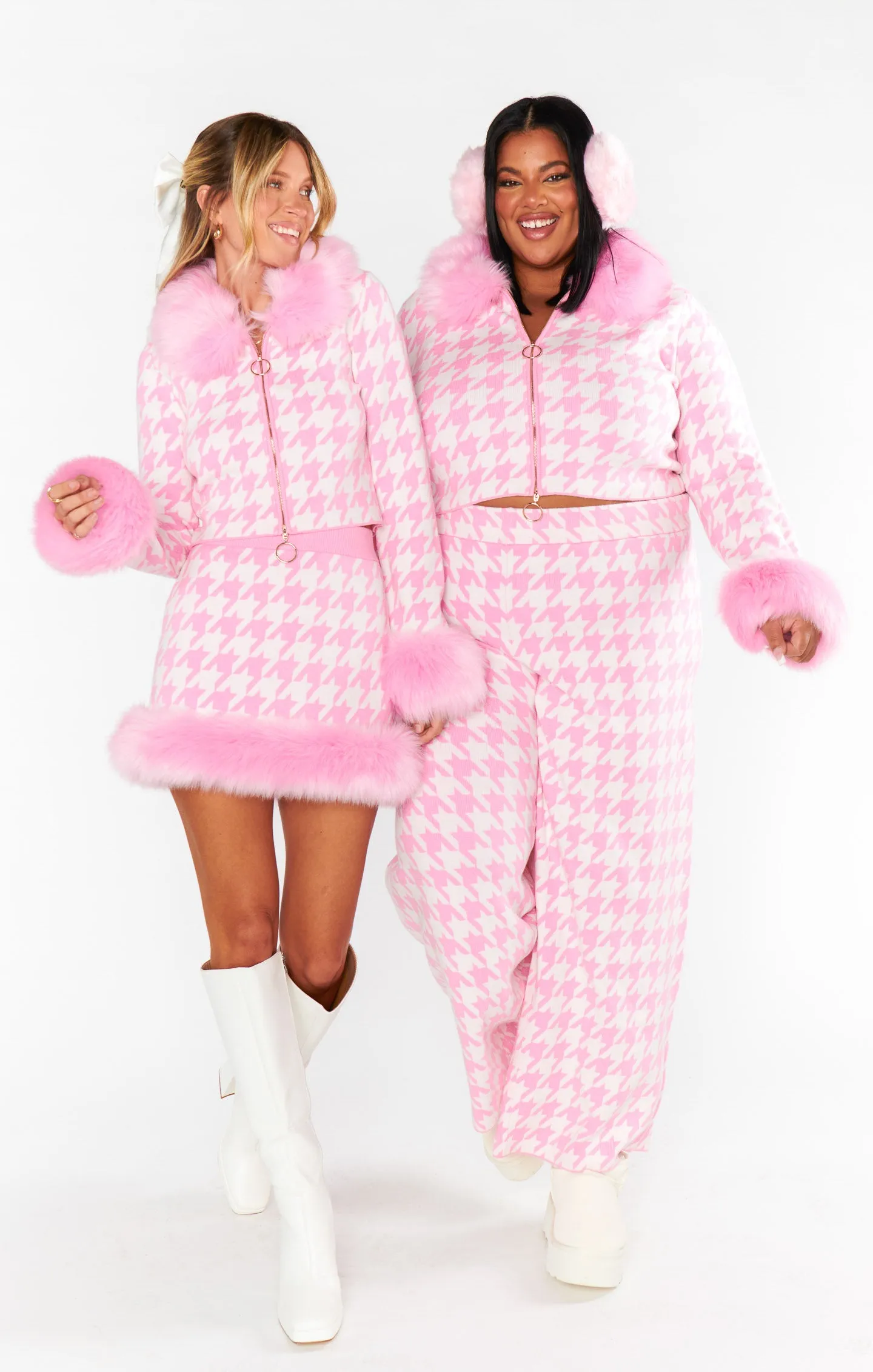 Zermatt Zip Up ~ Pink Houndstooth with Faux Fur