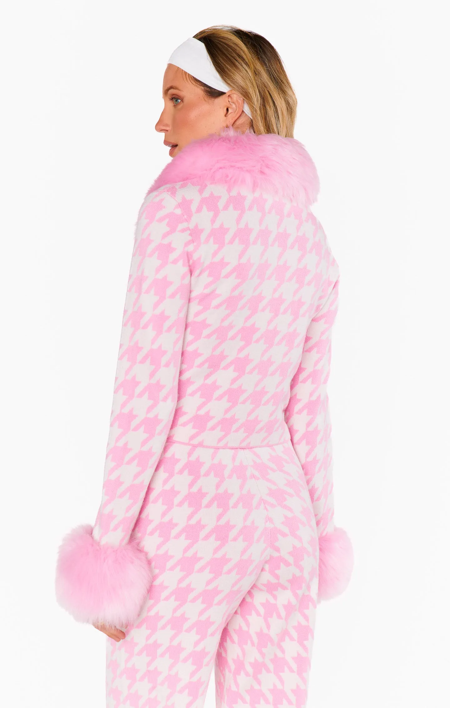 Zermatt Zip Up ~ Pink Houndstooth with Faux Fur