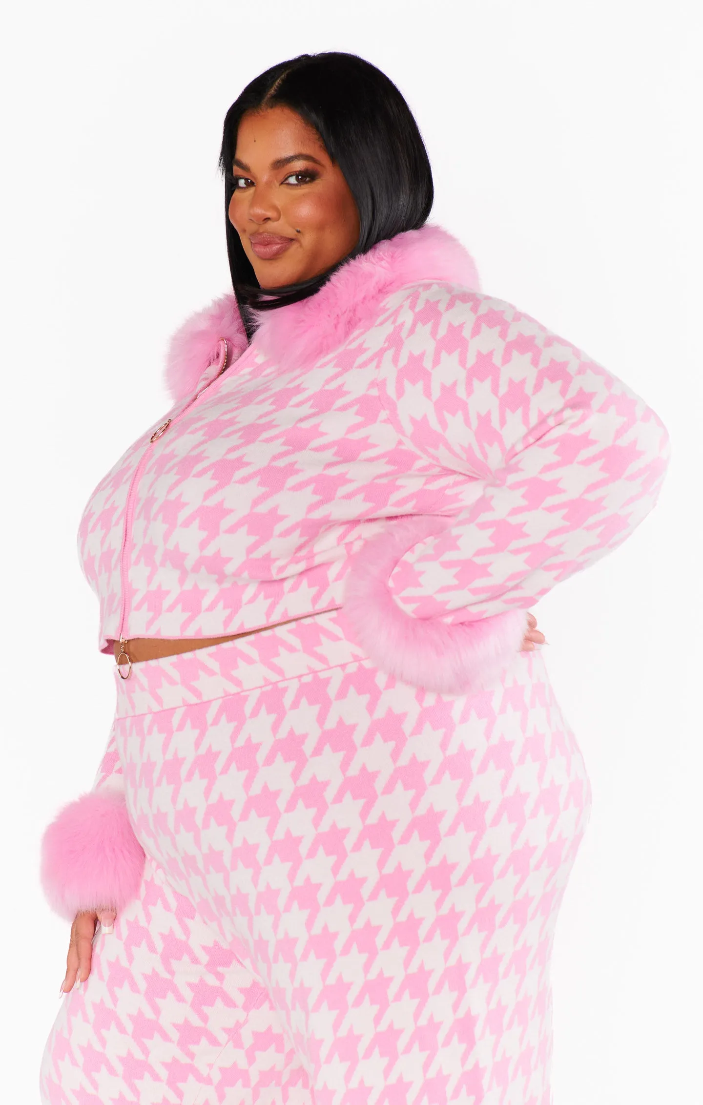 Zermatt Zip Up ~ Pink Houndstooth with Faux Fur